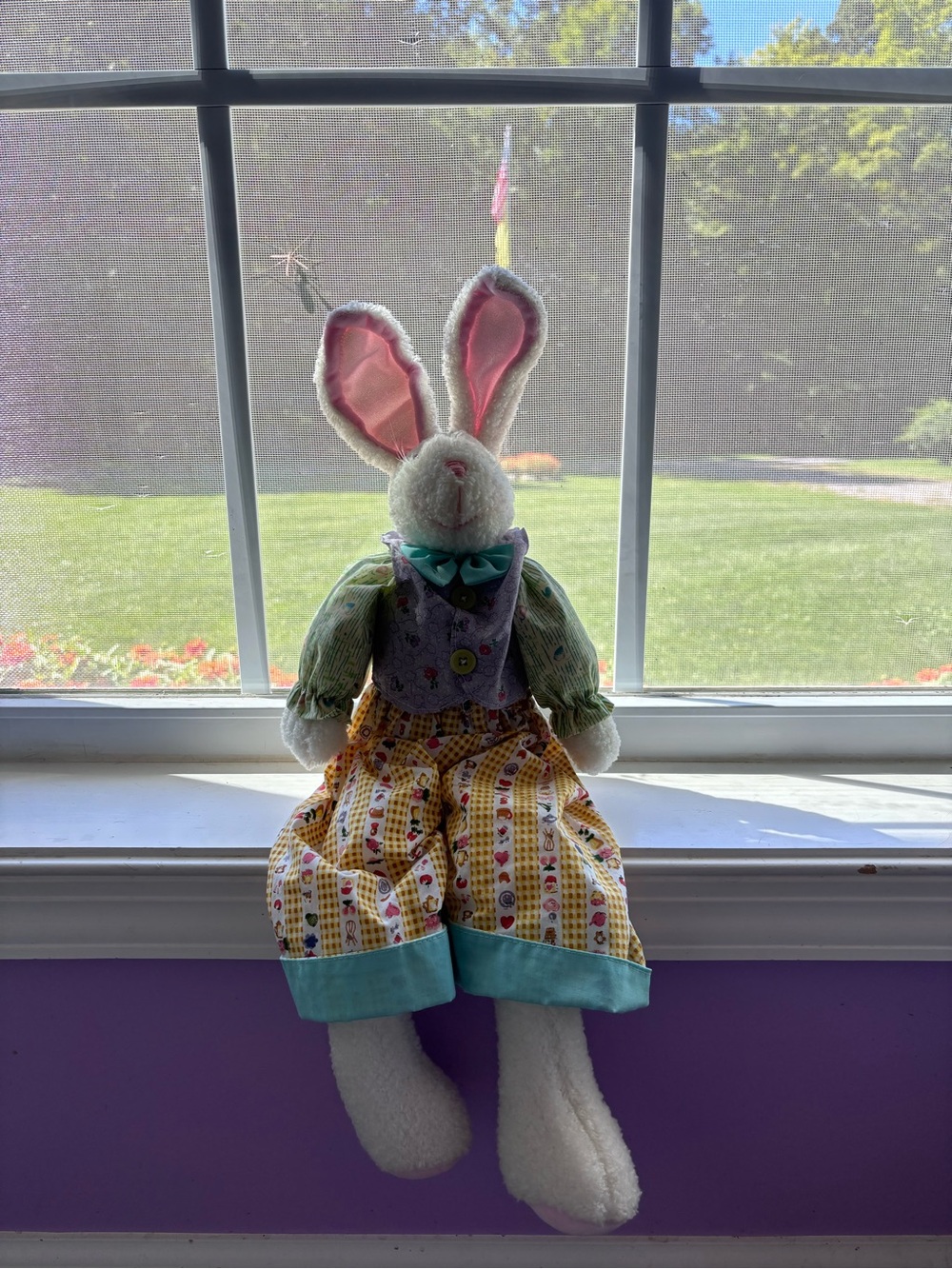 Vintage Plush Bunny Doll in Pink & Yellow Easter Outfit